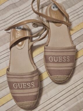 GUESS Tan Striped Espadrille Sandals with Ankle Straps